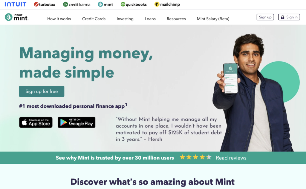 Snapshot of the Mint app home page design