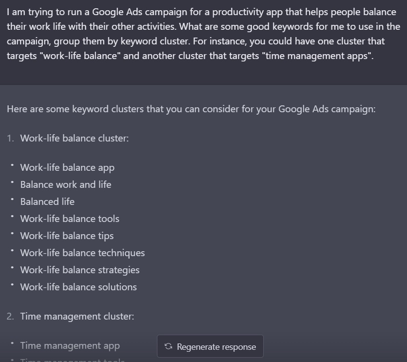 ChatGPT prompt for google ads keyword research