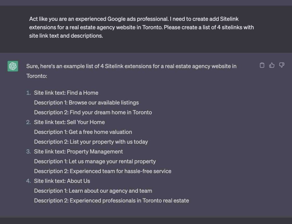 ChatGPT created Sitelink assets for Google Ads