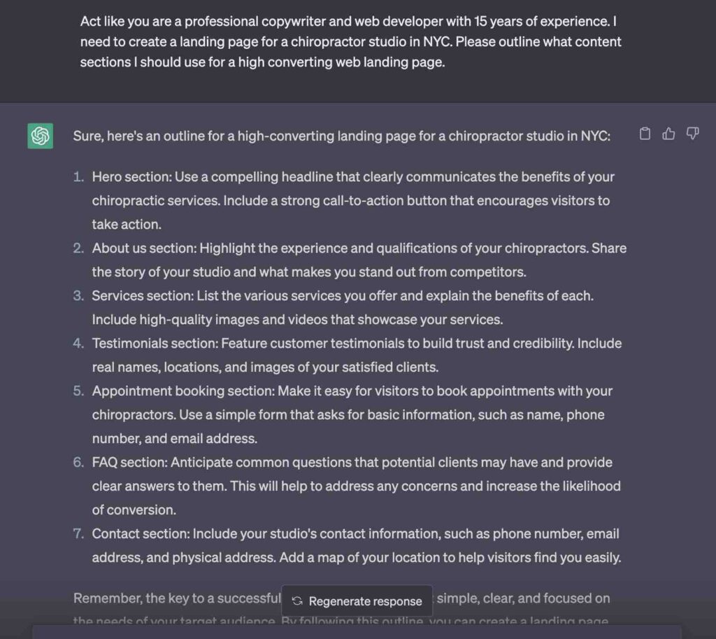 chatgpt provided a landing page outline