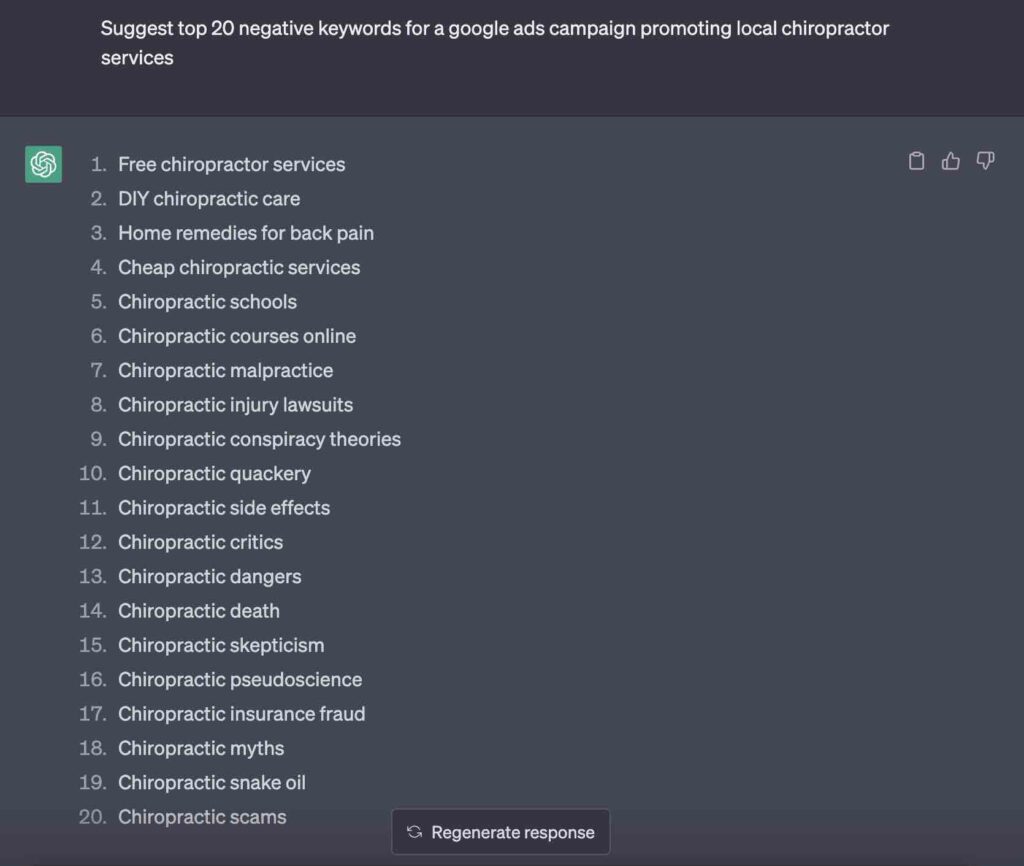 ChatGPT prompt and output of negative keywords for a Google Ads campaign
