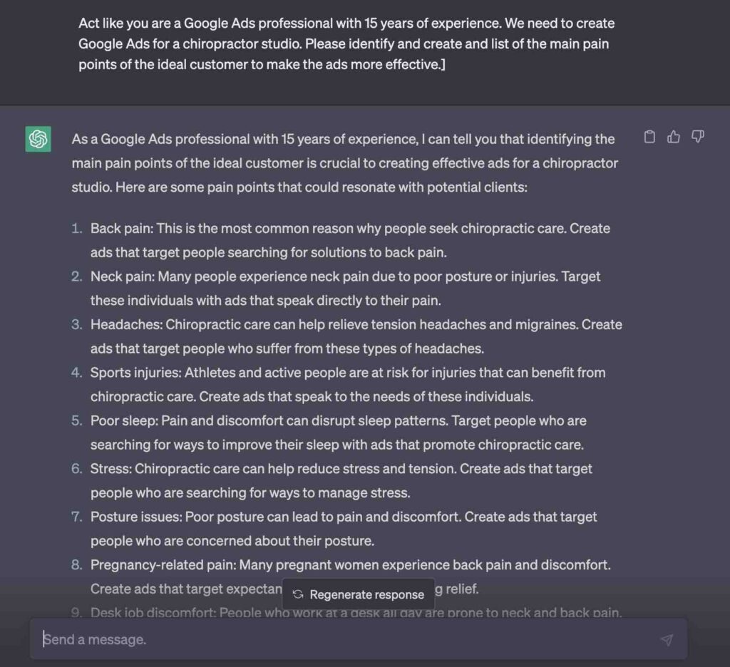 ChatGPT to identify customer's pain points for Google Ads