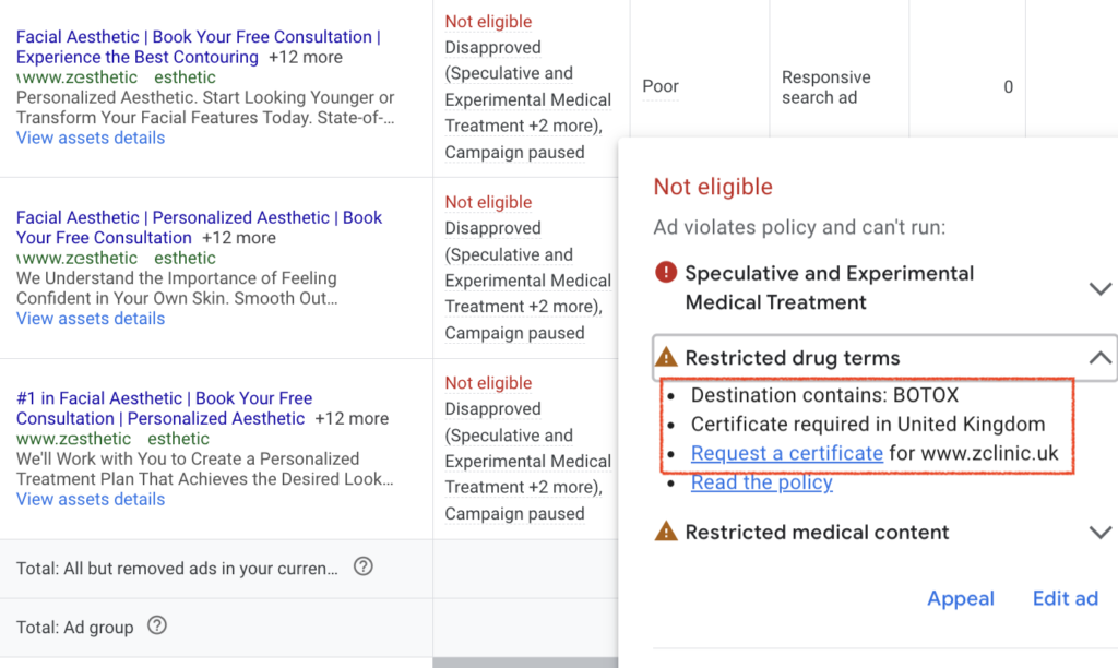 google ads disapproved botox