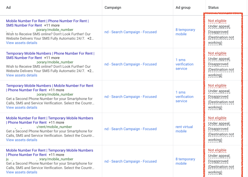 Example of Google Ads Disapproved due to destination not working snapshot