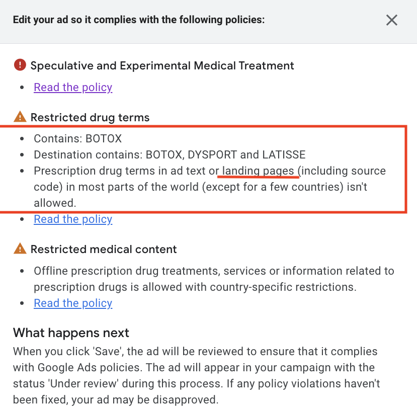 Example of Google Ads Disapproved due to medical treatment