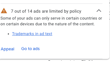 Google Ads getting limited approval due to trademark