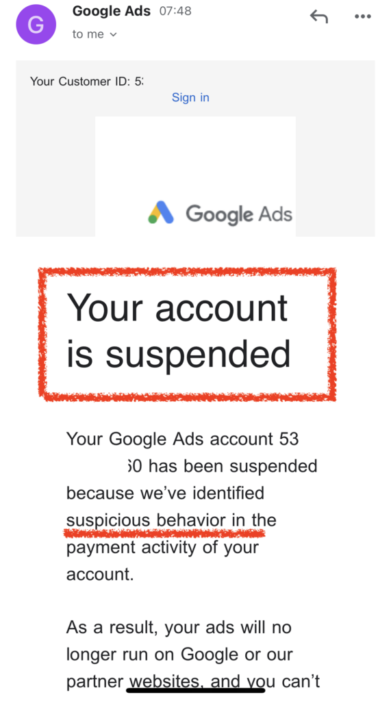 Google Ads account suspended suspicious behavior