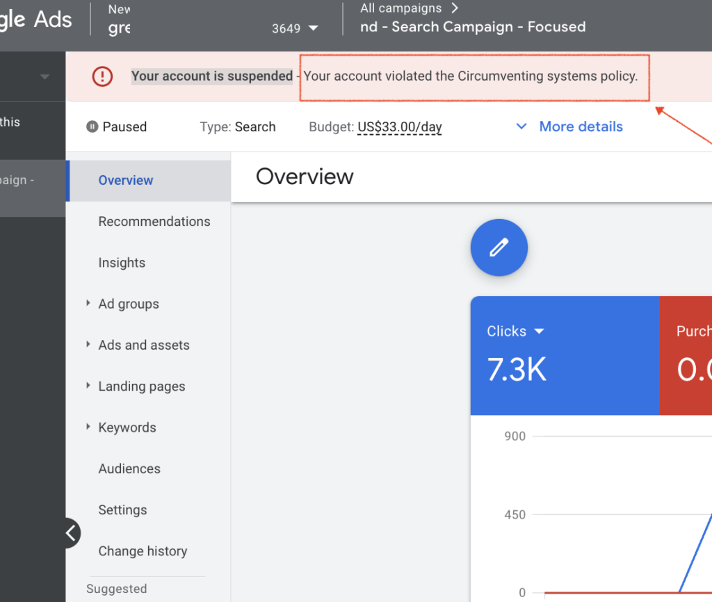google ads account suspended circumventing systems policy warning