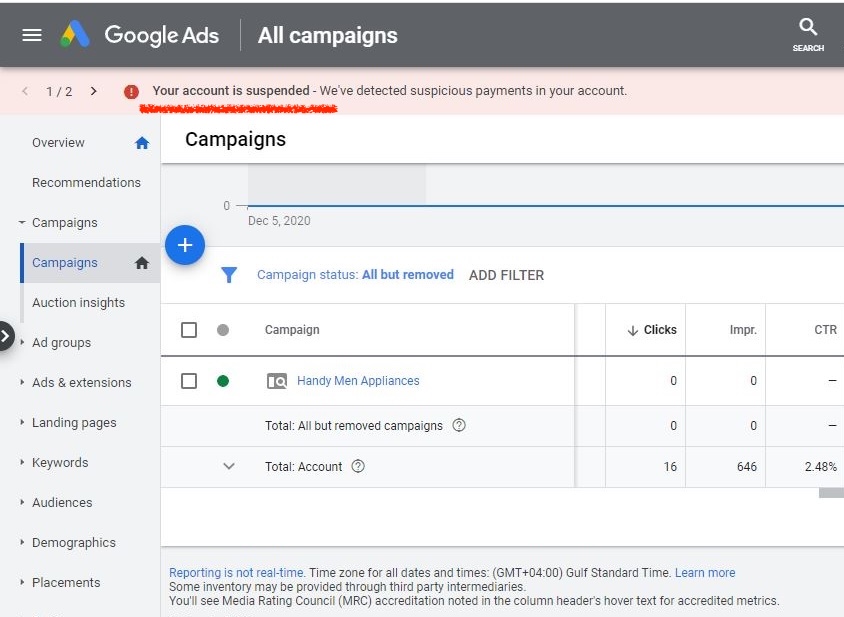 google ads account suspension due to suspicious payments