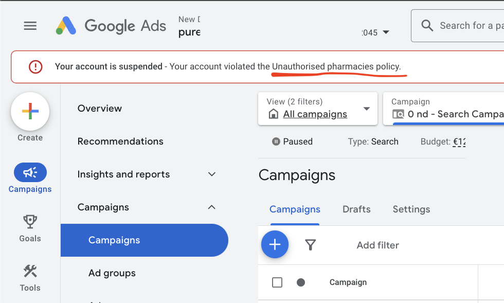 google ads account suspended unauthorized pharmacies policy warning