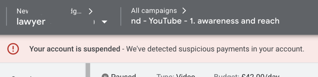 google ads account suspended suspicious payments warning